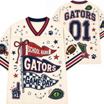 A cream-colored custom football jersey shown from both the front and back. The jersey features navy blue and red accents, including a V-neck collar, sleeve stripes, and 'GATORS 01' on the back.