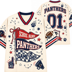 Front and back views of a custom cream-colored football jersey with navy and red accents, featuring 'PANTHERS Game Day' graphics, a flag, paw prints, and the number 01.