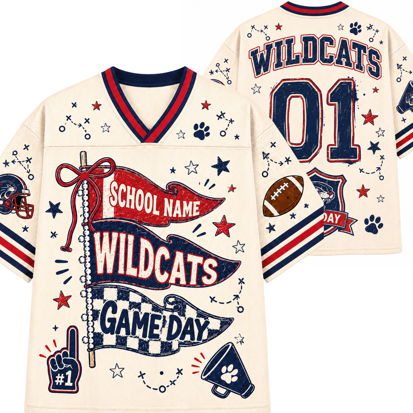 Front and back views of a custom cream-colored football jersey with navy and red accents, featuring 'WILDCATS', '01', and 'GAME DAY' graphics on a white background.