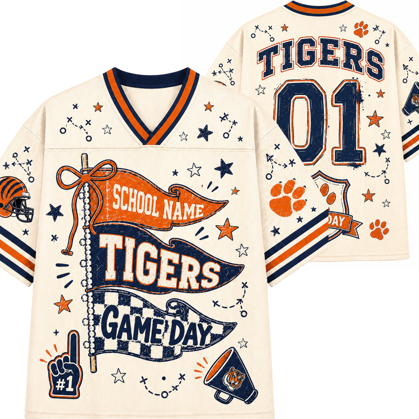 Front and back views of a custom cream-colored football jersey with navy and orange accents, featuring 'TIGERS', '01', paw prints, stars, and 'GAME DAY' graphics.