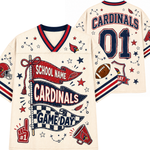 A cream-colored custom football jersey shown from both the front and back. The jersey features red and navy blue accents, including a V-neck collar, sleeve stripes, and 'CARDINALS' and '01' printed on the back.