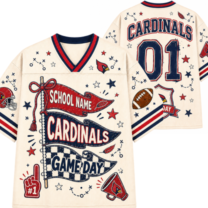 A cream-colored custom football jersey shown from both the front and back. The jersey features red and navy blue accents, including a V-neck collar, sleeve stripes, and 'CARDINALS' and '01' printed on the back.