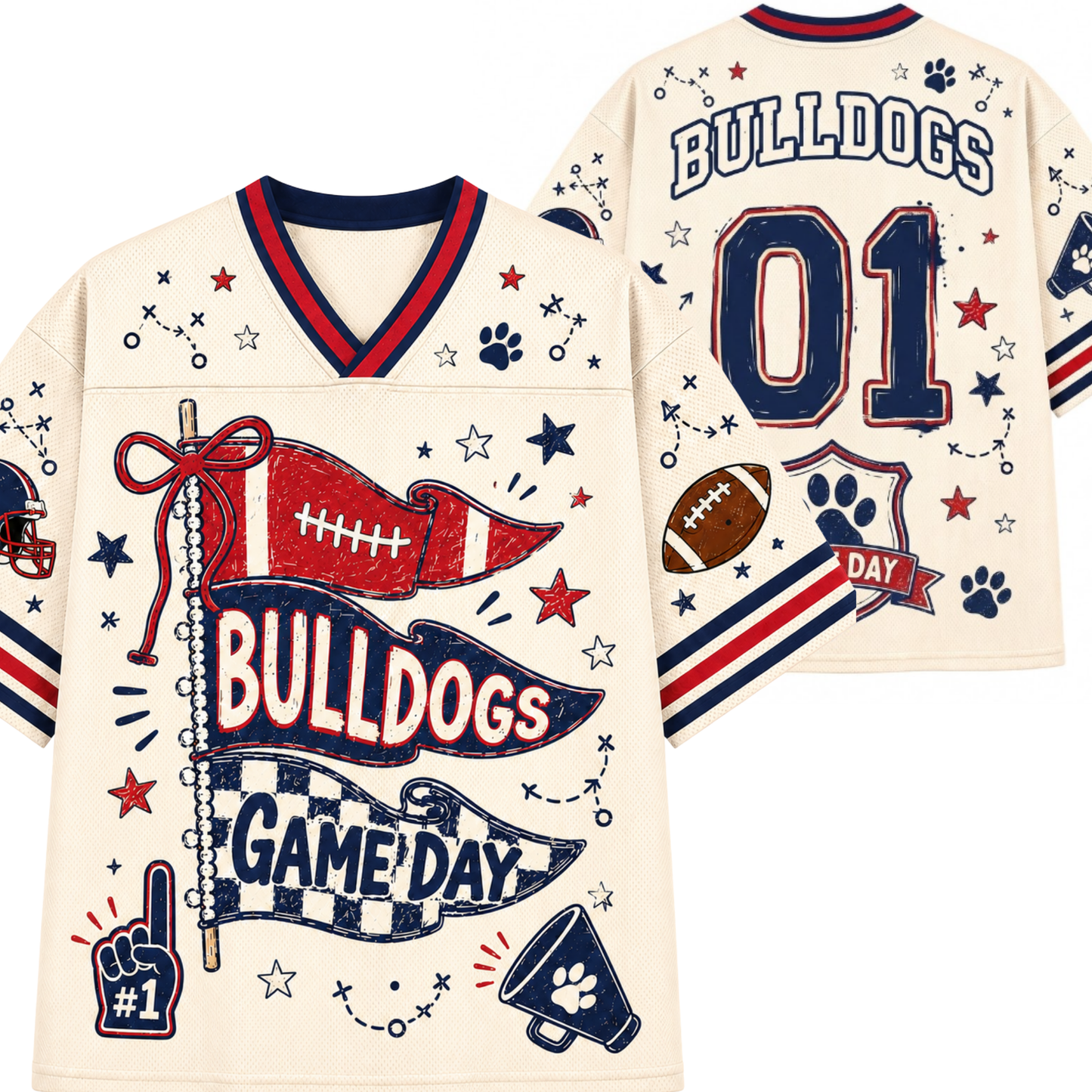 Front and back views of a cream-colored custom football jersey with red and navy blue accents, featuring 'BULLDOGS', '01', and 'GAME DAY' graphics with football, stars, paw prints, and a megaphone.