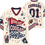 A custom cream-colored football jersey shown from both the front and back. The jersey features navy blue and red accents, with 'COUGARS' and the number '01' printed on the back.