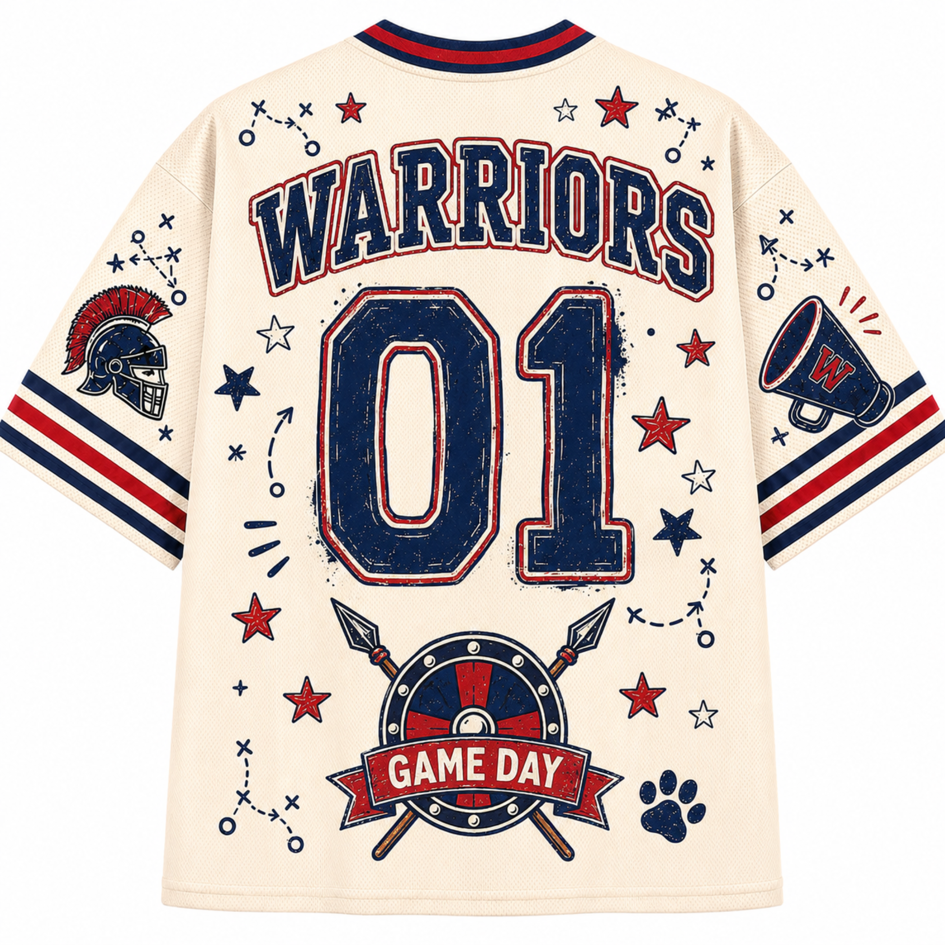 The back of a cream-colored short-sleeve t-shirt featuring a distressed sports graphic design. The design includes 'WARRIORS' in arched navy blue letters with red and blue outlines, the number '01' in large navy blue block letters, a Spartan helmet on the right sleeve, a megaphone with an 'W' on the left sleeve, and a shield with crossed spears and a 'GAME DAY' banner at the bottom.