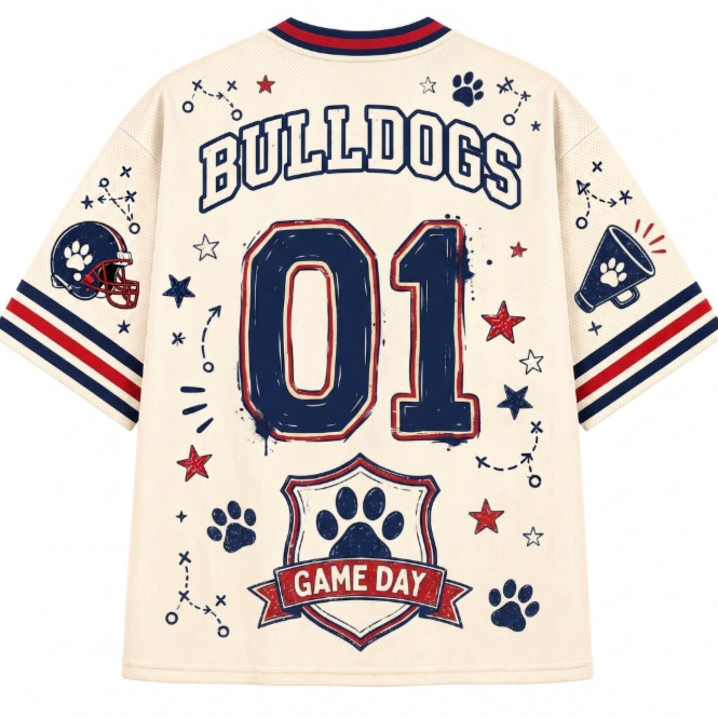 A cream-colored short-sleeve t-shirt shown from the back, featuring navy blue and red graphics. The design includes the word 'BULLDOGS' in arched letters, the number '01' in a distressed navy font, paw prints, stars, a football helmet, a megaphone, and a 'GAME DAY' banner at the bottom.
