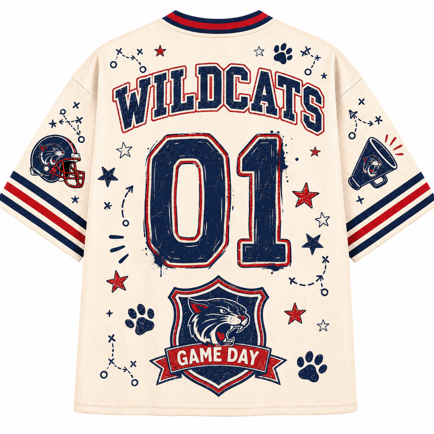 Back view of a cream-colored short-sleeve jersey with 'WILDCATS' and '01' printed in navy blue with red outlines, decorated with stars, paw prints, a football helmet patch, and a 'GAME DAY' shield on the lower back.