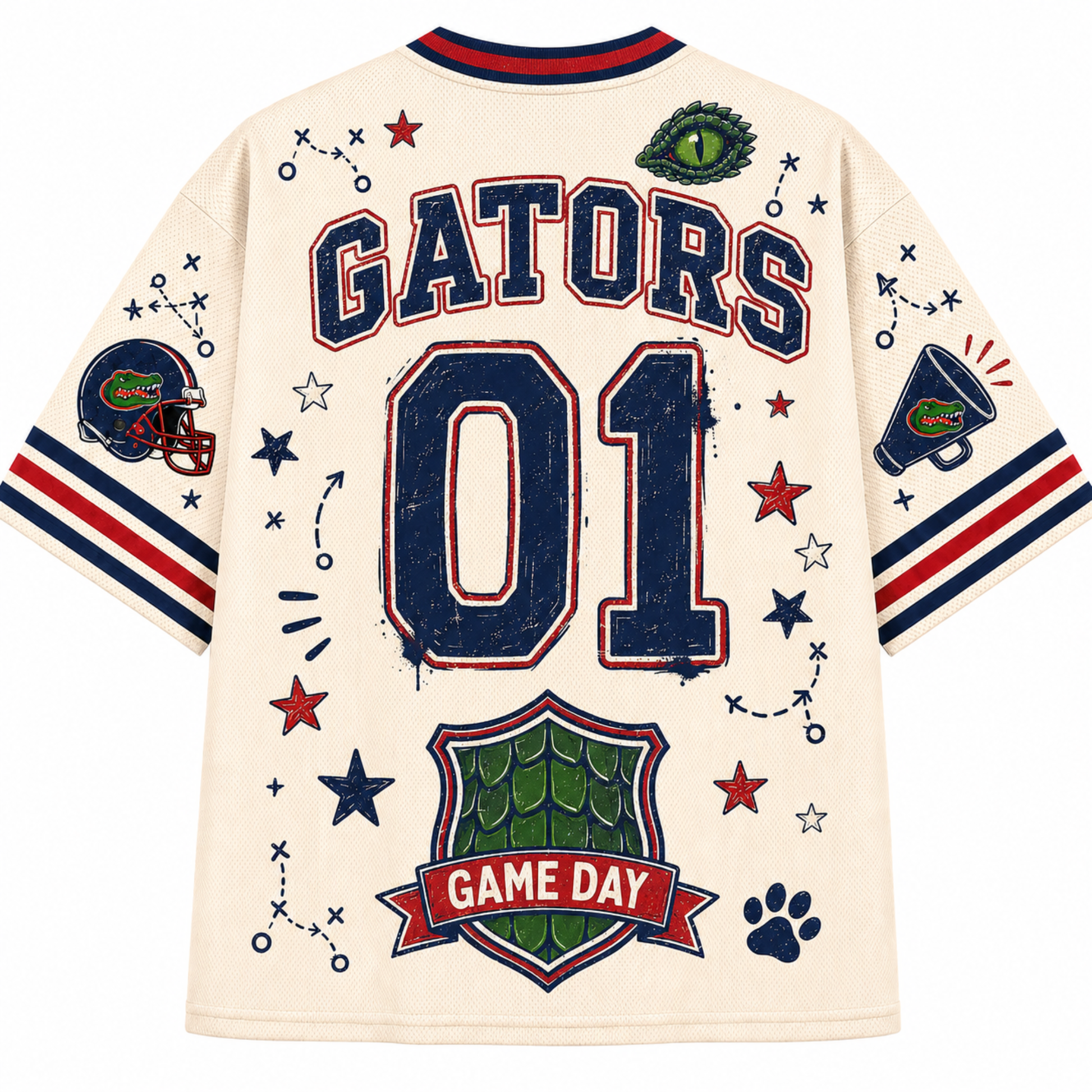 Back view of a cream-colored Florida Gators football jersey with 'GATORS' and '01' printed in navy and red, decorated with team-themed graphics including an alligator logo, stars, and a Game Day crest.