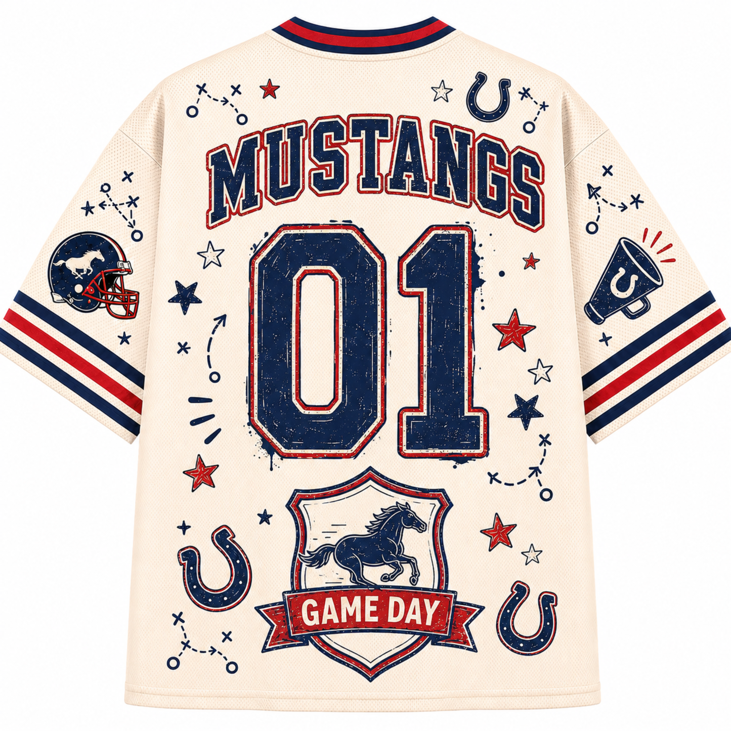 A cream-colored short-sleeve t-shirt with a distressed navy and red 'Mustangs Game Day' football graphic on the back, featuring '01' and various horse-themed illustrations.