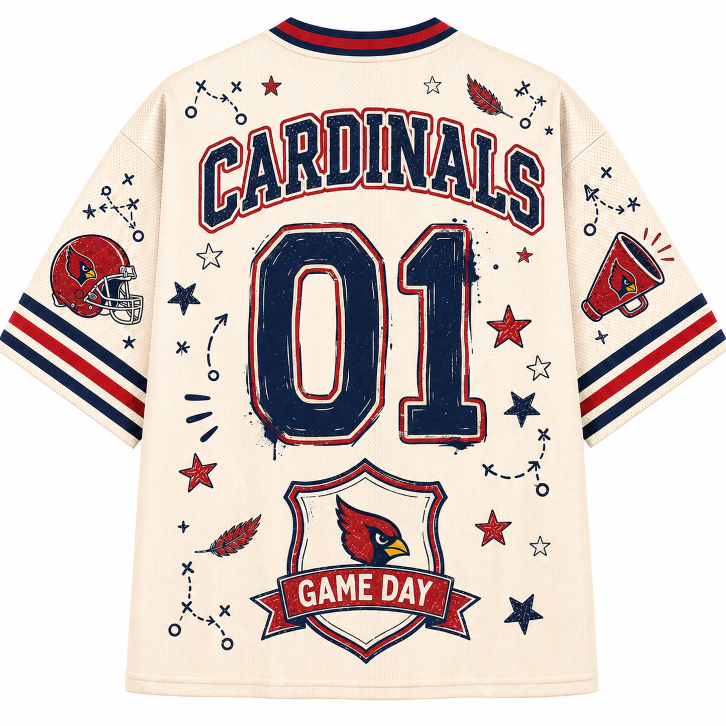 Back view of a cream-colored Cardinals '01' jersey with navy and red lettering, star graphics, a football helmet, and a 'Game Day' shield on the sleeves and back.