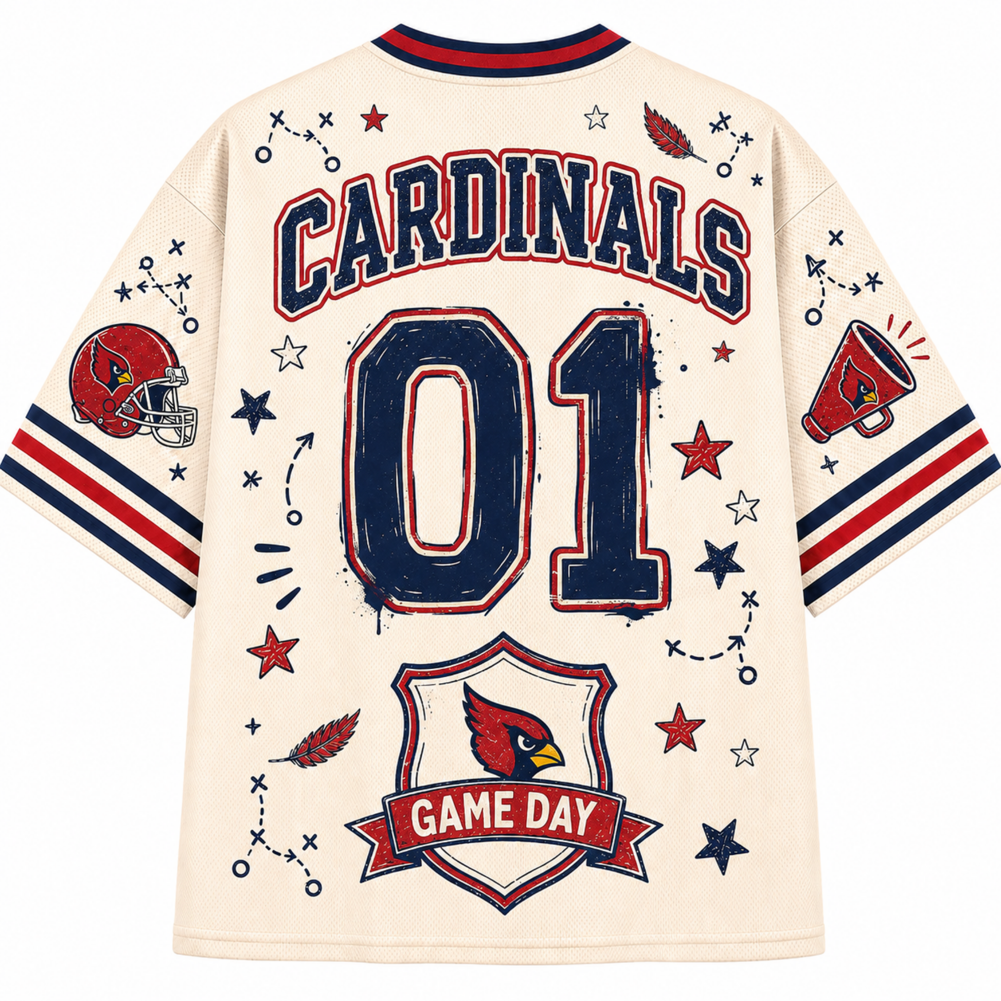 Back view of a cream-colored Cardinals '01' jersey with navy and red lettering, star graphics, a football helmet, and a 'Game Day' shield on the sleeves and back.