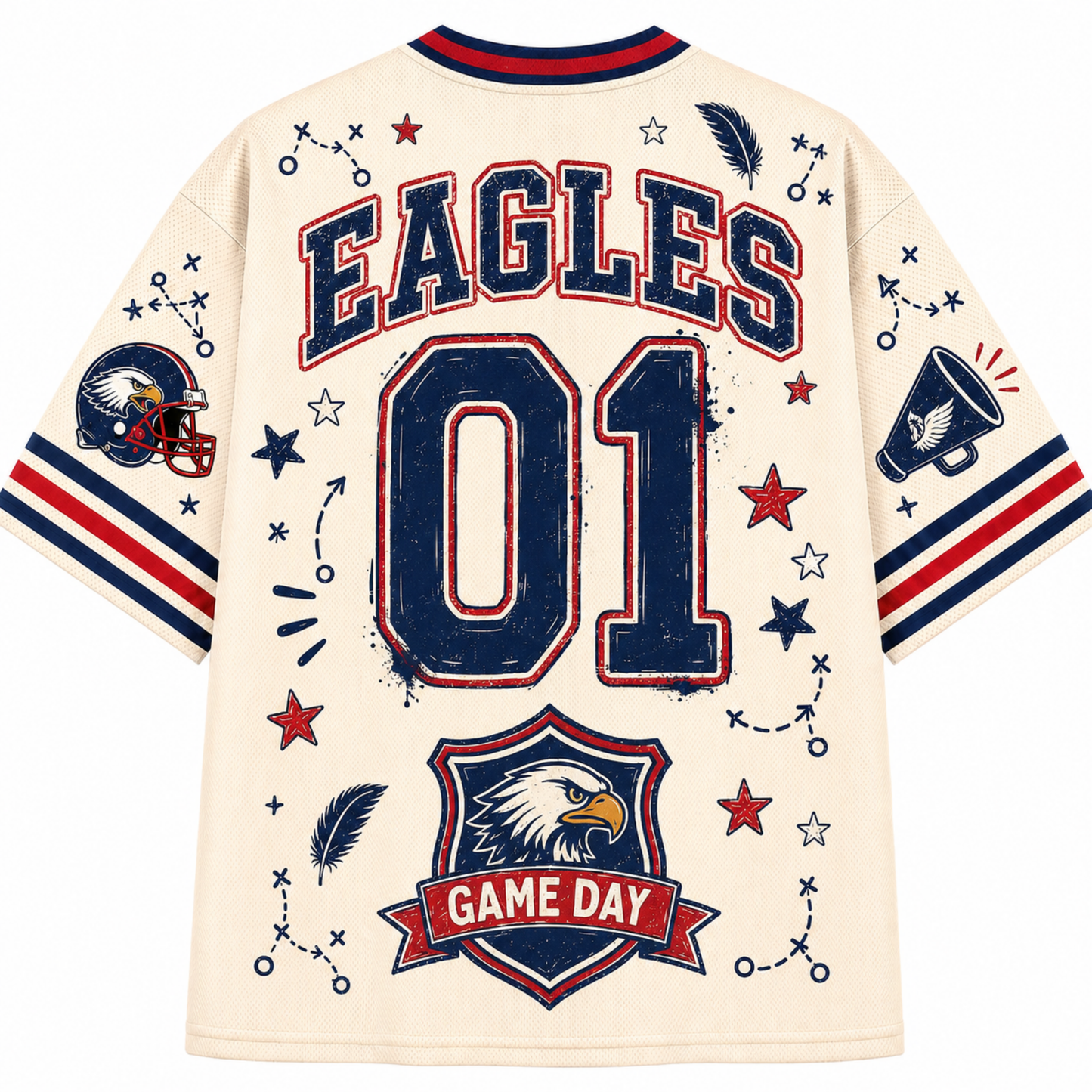 Back view of a cream-colored sports jersey with 'EAGLES' and '01' printed in navy blue with red outlines, featuring a team crest and 'GAME DAY' graphic on the lower back.