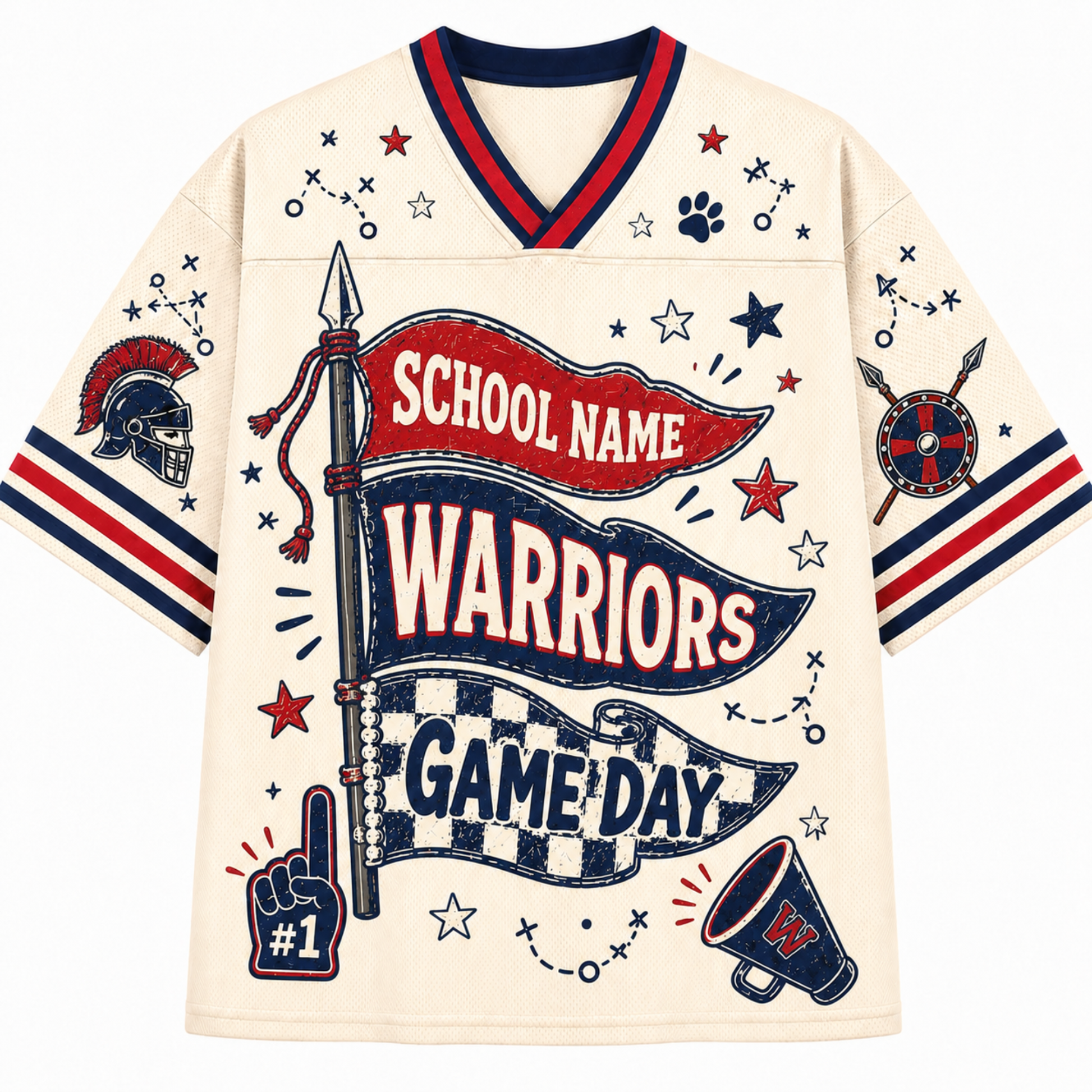 A cream-colored short-sleeve V-neck jersey with red and navy blue trim, featuring a 'School Name Warriors Game Day' graphic with stars, paw prints, a football helmet, and other sports-themed illustrations.