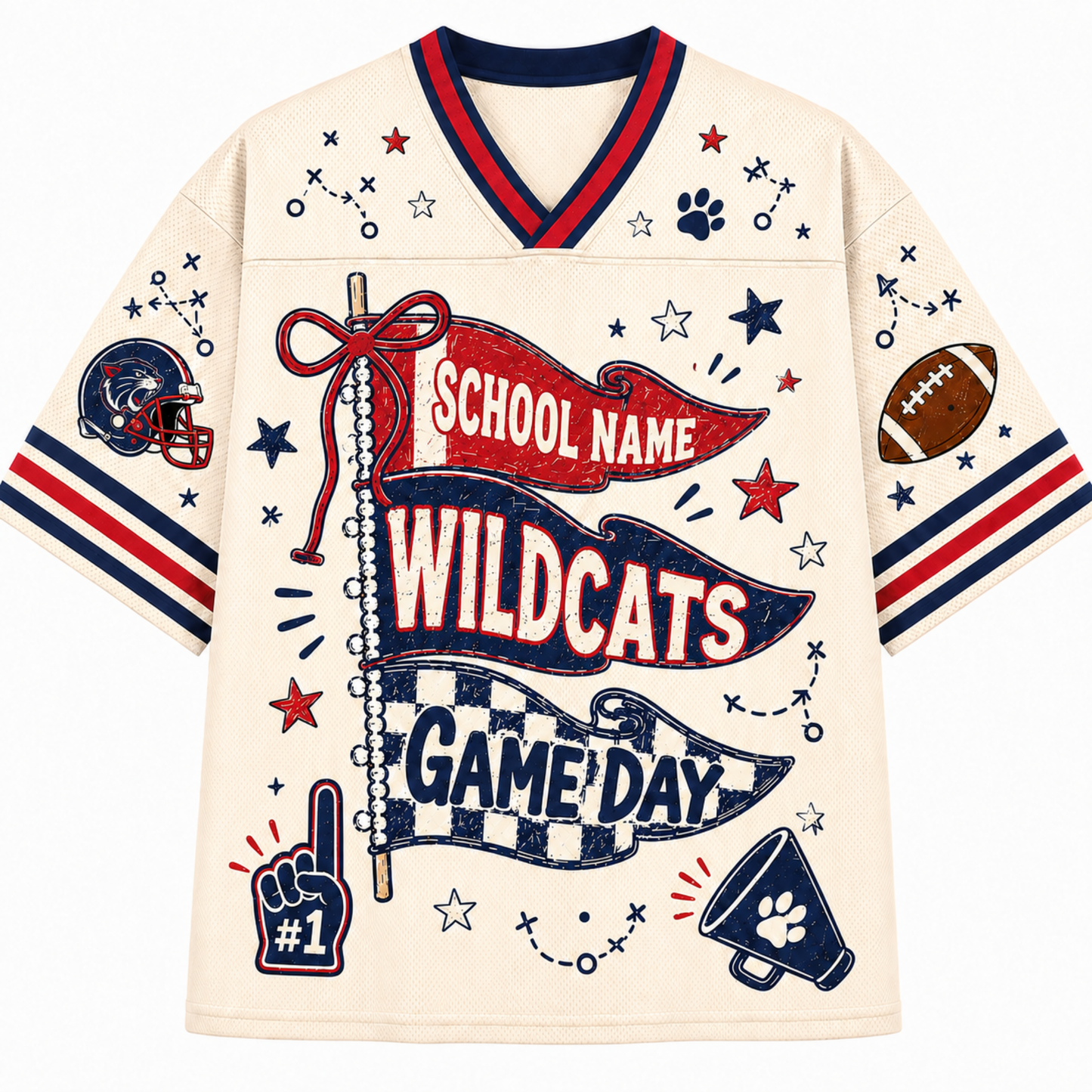 A cream-colored athletic jersey with navy and red trim, featuring a football-themed graphic design with 'SCHOOL NAME WILDCATS GAME DAY' banners, stars, paw prints, a football, and a helmet.