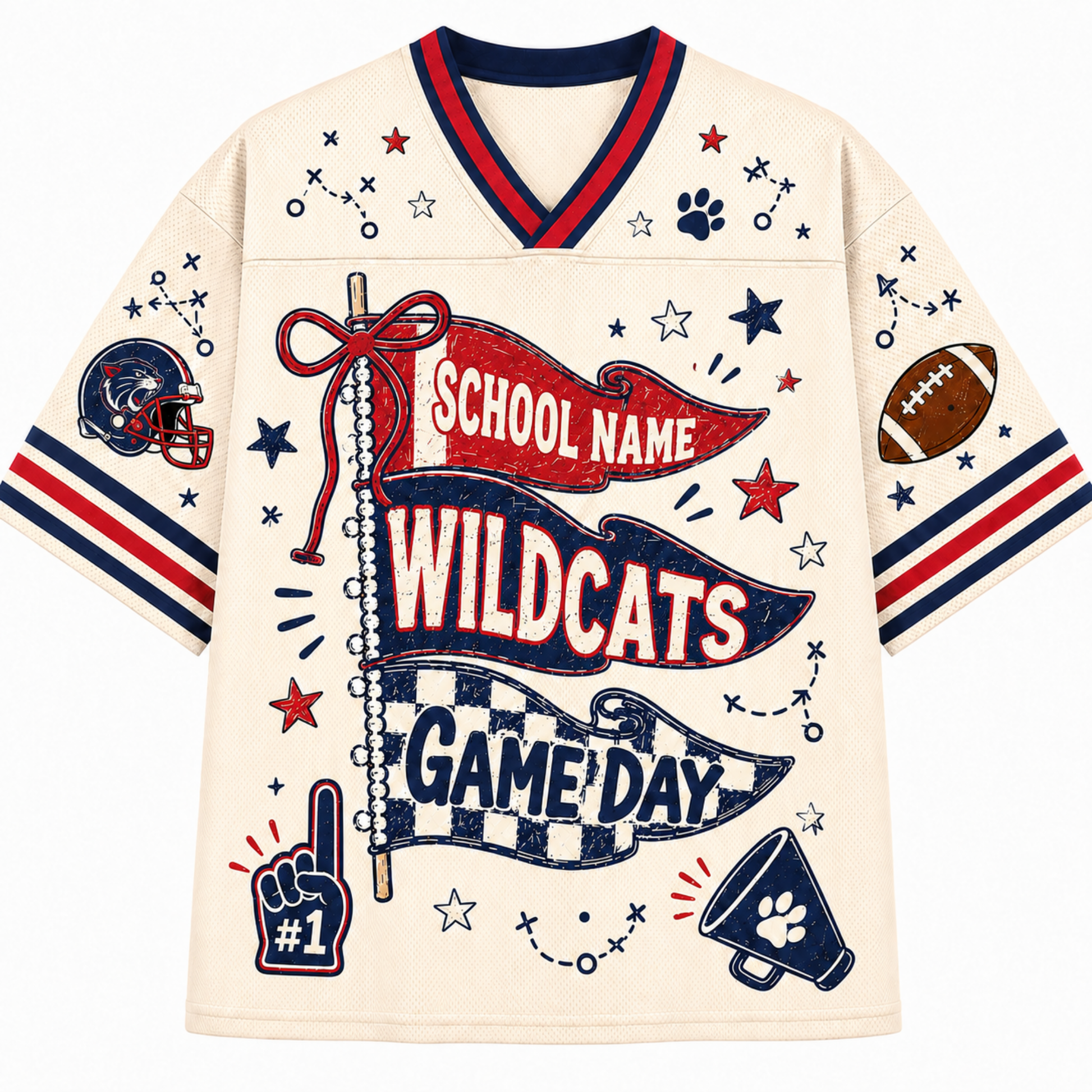 A cream-colored athletic jersey with navy and red trim, featuring a football-themed graphic design with 'SCHOOL NAME WILDCATS GAME DAY' banners, stars, paw prints, a football, and a helmet.