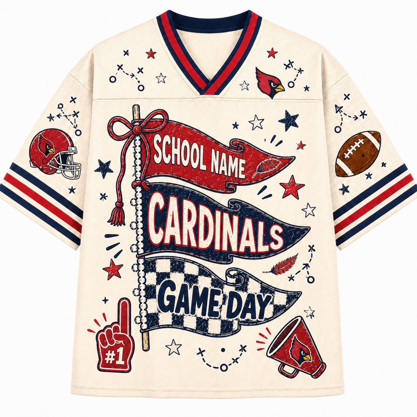 A cream-colored football jersey with navy and red trim, featuring a 'School Name Cardinals Game Day' banner graphic on the front, along with football-themed illustrations like a helmet, football, megaphone, and stars.