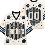 Front and back views of a custom football-style jersey in cream, black, blue, and gray, featuring 'panthers' text, paw prints, stars, stripes, and placeholder text for school name and number 00.