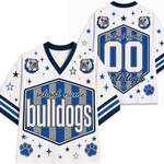 White custom football jersey with blue and gray accents, featuring a V-neck, short sleeves, and athletic graphics including bulldog logos, paw prints, stars, stripes, and placeholder text for school name and number.