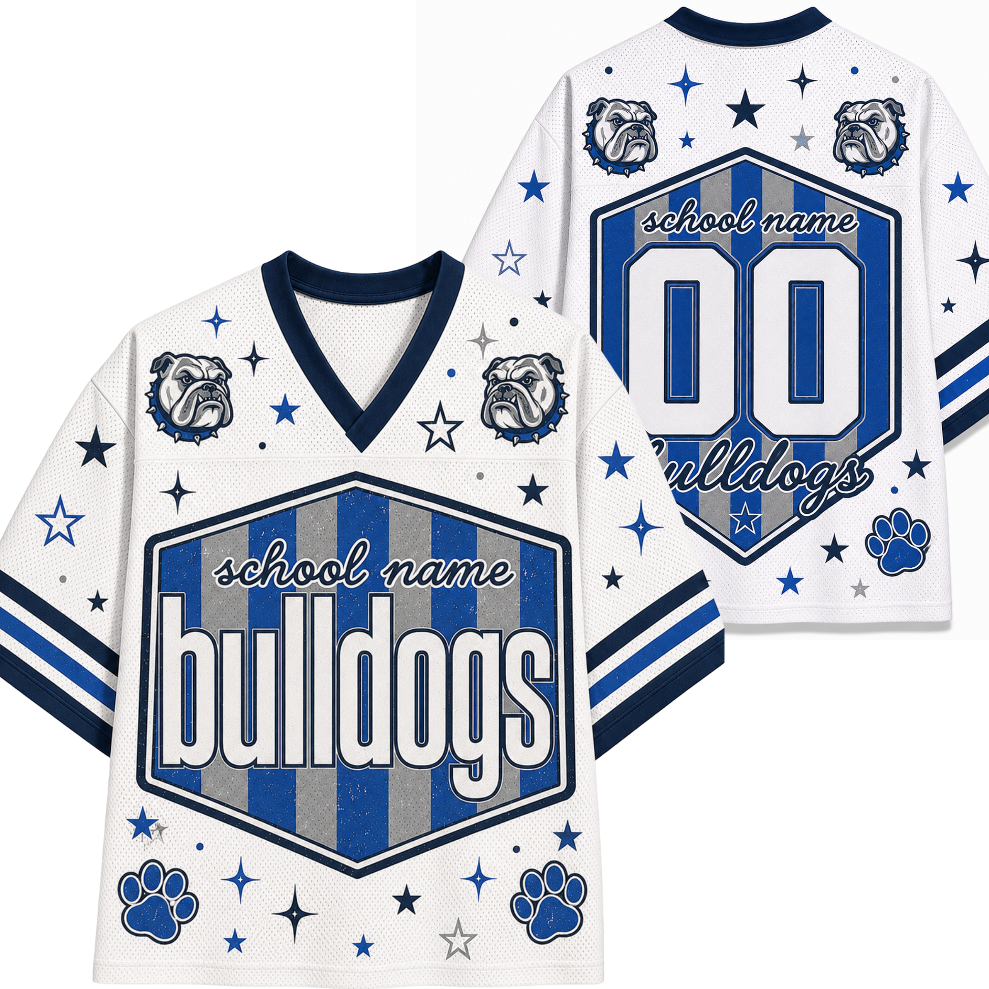 White custom football jersey with blue and gray accents, featuring a V-neck, short sleeves, and athletic graphics including bulldog logos, paw prints, stars, stripes, and placeholder text for school name and number.