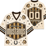 A cream-colored mesh football-style jersey shown from the front and back, featuring a dark brown and tan shield design with the words 'school name mustangs,' horse head illustrations, stars, stripes, and a horseshoe graphic.