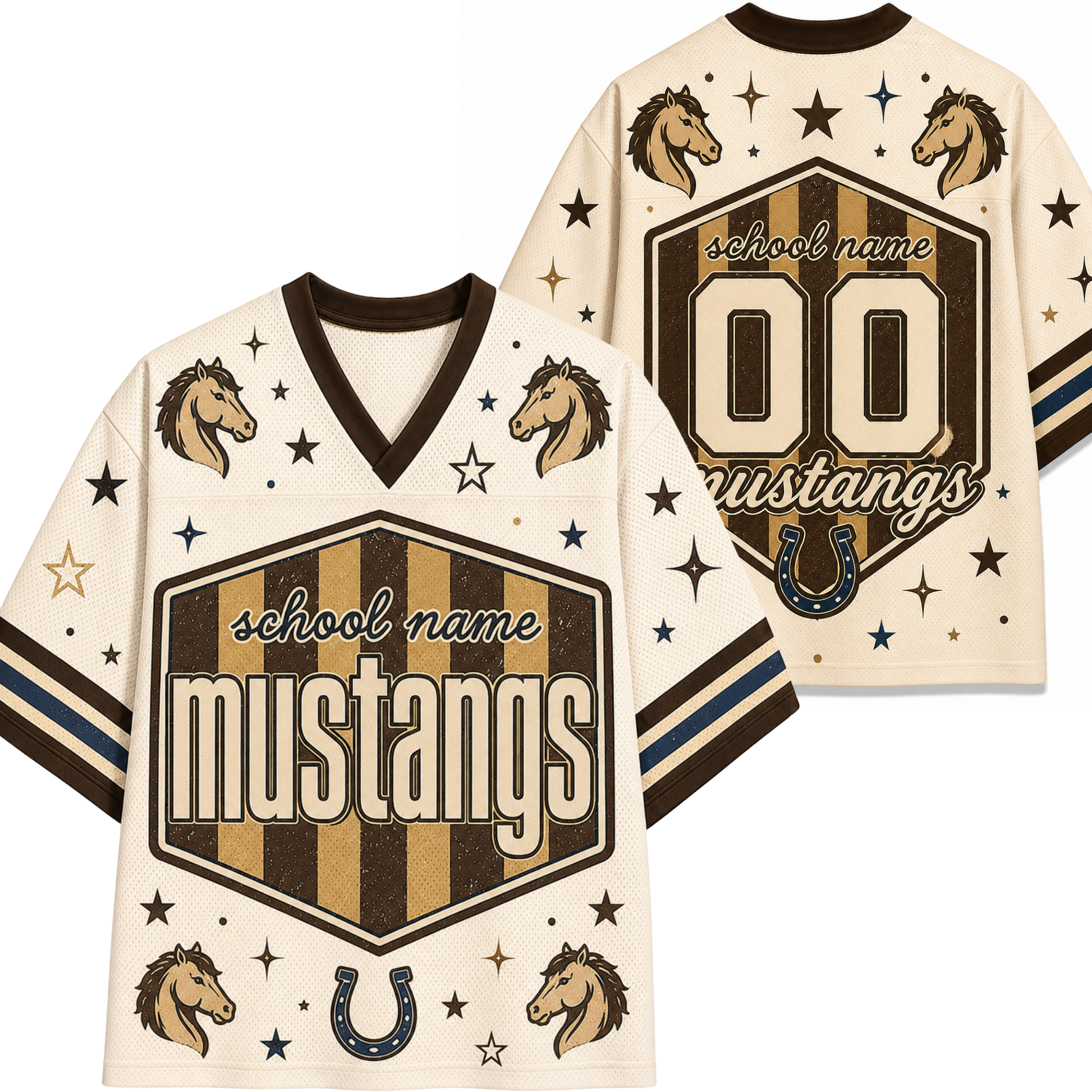 A cream-colored mesh football-style jersey shown from the front and back, featuring a dark brown and tan shield design with the words 'school name mustangs,' horse head illustrations, stars, stripes, and a horseshoe graphic.