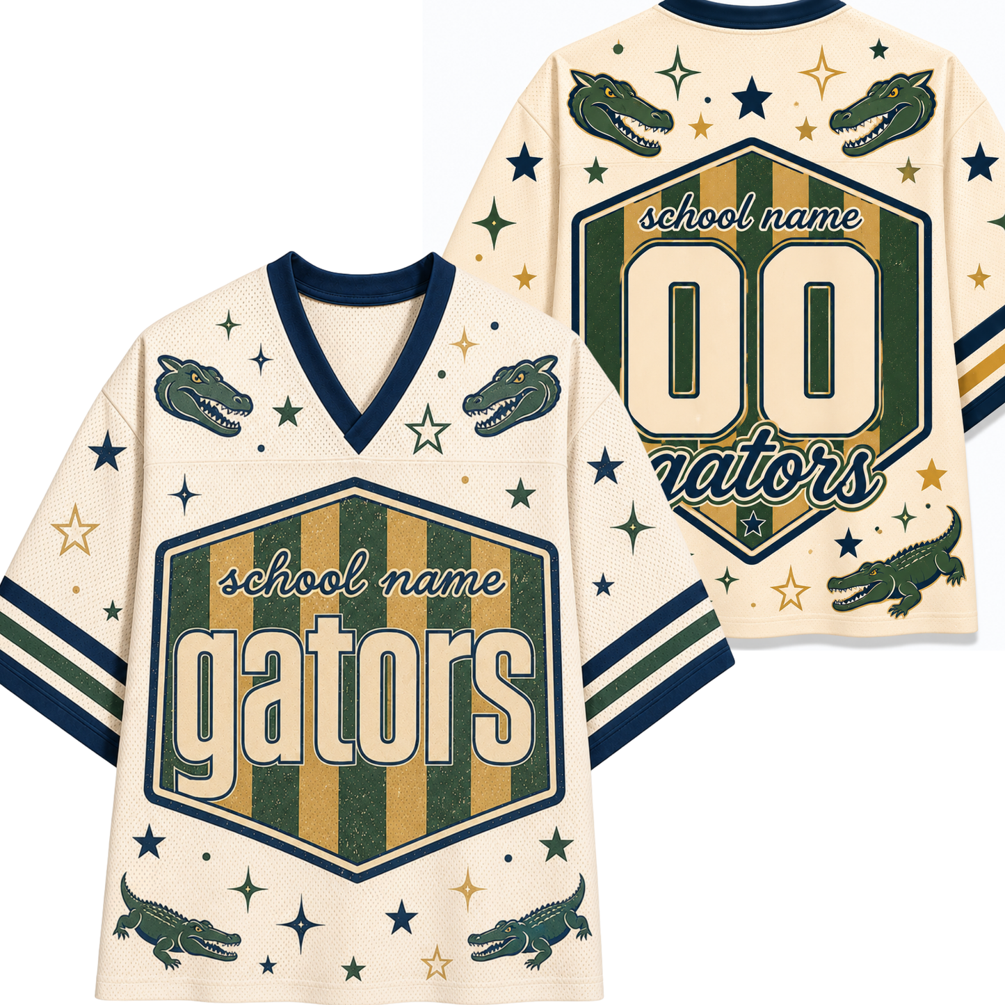 Custom Florida Gators themed football jersey shown from both front and back views. The jersey has a cream base with navy blue and olive green accents, featuring the Gators logo, alligator graphics, and stars.