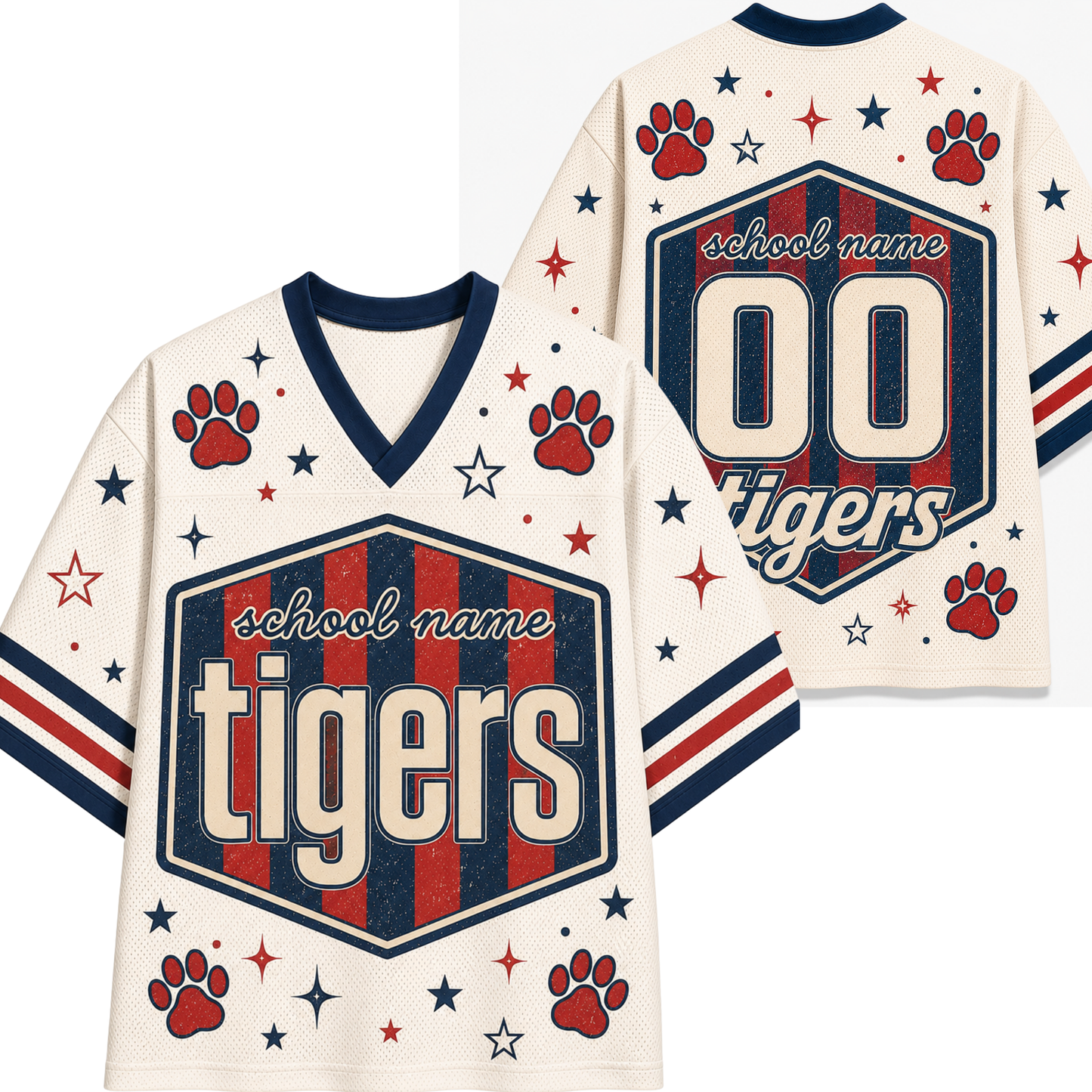 Front and back views of a custom mesh sports jersey in cream, navy, and red. The jersey features a V-neck, short sleeves with striped cuffs, and a central hexagonal graphic with the text 'school name' and 'tigers'.