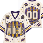 Custom football jersey mockup showing front and back views. The jersey is cream-colored with purple and gold accents, featuring a central shield graphic with 'school name Wildcats' text, paw prints, stars, and claw marks.