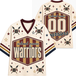 A custom sports jersey shown from both front and back on a white background. The jersey has a cream base with dark red, gold, and navy blue graphics and text, featuring 'school name Warriors' and the number '00' on the front, and matching graphics on the back.