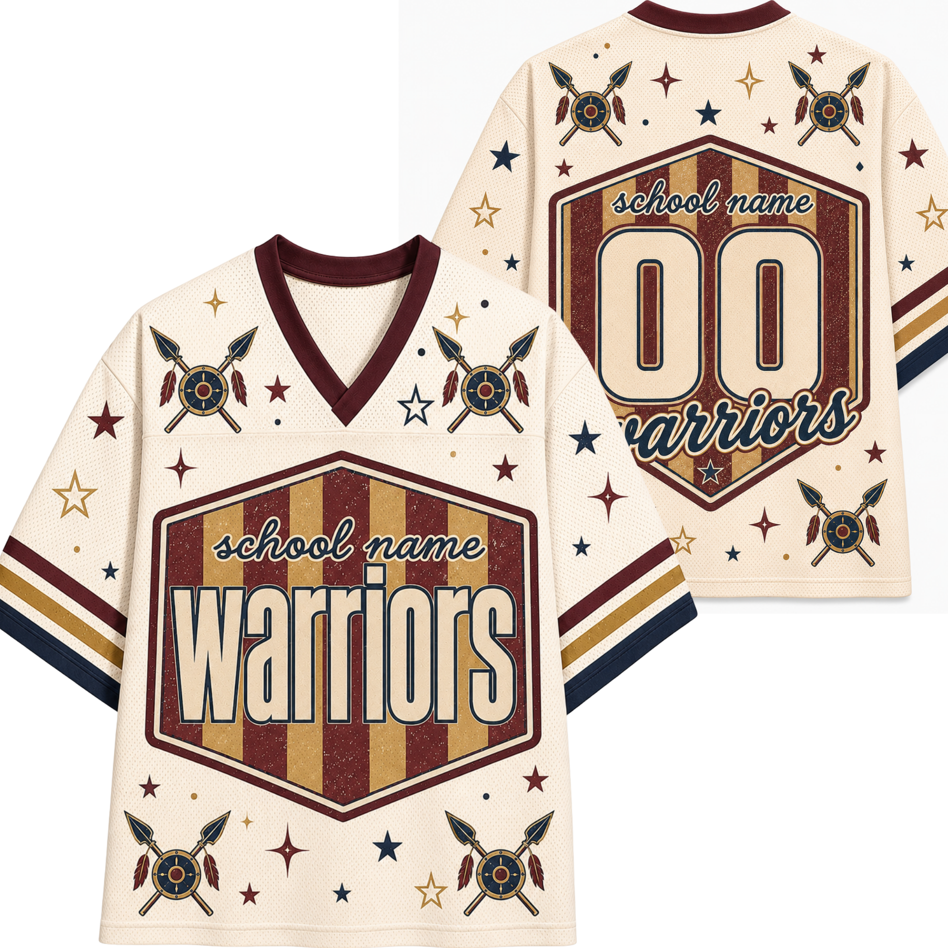 A custom sports jersey shown from both front and back on a white background. The jersey has a cream base with dark red, gold, and navy blue graphics and text, featuring 'school name Warriors' and the number '00' on the front, and matching graphics on the back.