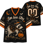 Front and back view mockup of the black and pumpkin orange Chaotic Club Halloween jersey featuring a witch raccoon holding a pumpkin bucket, custom name, and number 00.