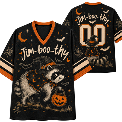 Front and back view mockup of the black and pumpkin orange Chaotic Club Halloween jersey featuring a witch raccoon holding a pumpkin bucket, custom name, and number 00.