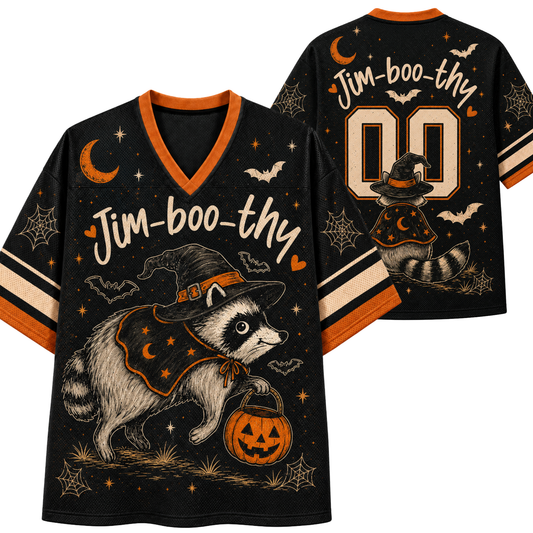 Front and back view mockup of the black and pumpkin orange Chaotic Club Halloween jersey featuring a witch raccoon holding a pumpkin bucket, custom name, and number 00.