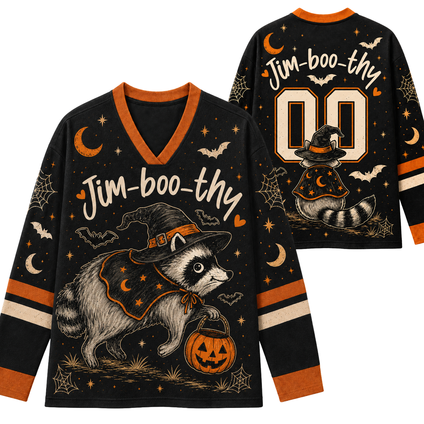 Front and back view mockup of the black and pumpkin orange Chaotic Club Halloween long sleeve jersey featuring a witch raccoon holding a pumpkin bucket, custom name, and number 00.