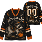 Front and back view mockup of the black and pumpkin orange Chaotic Club Halloween long sleeve jersey featuring a witch raccoon holding a pumpkin bucket, custom name, and number 00.