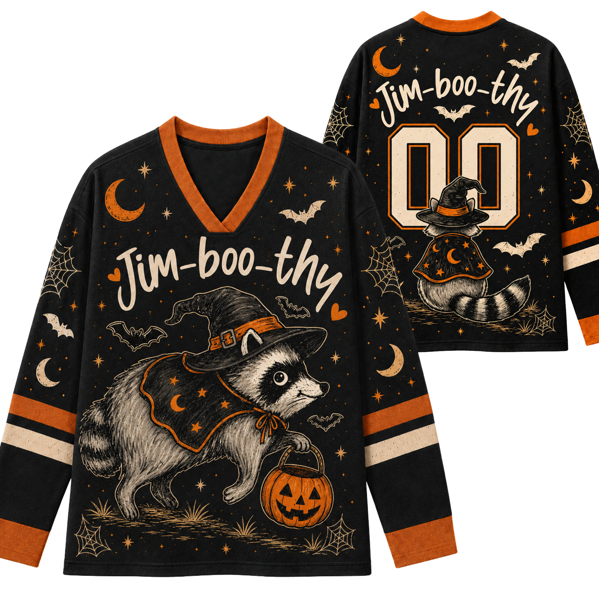 Front and back view mockup of the black and pumpkin orange Chaotic Club Halloween long sleeve jersey featuring a witch raccoon holding a pumpkin bucket, custom name, and number 00.