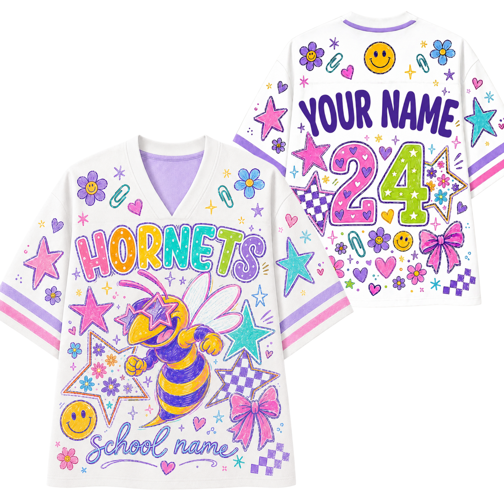 A white V-neck sports jersey shown from both front and back, featuring colorful custom print options including 'HORNETS', 'YOUR NAME', '24', a hornet graphic, stars, flowers, smiley faces, and checkered patterns.