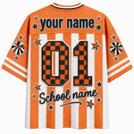 Customizable orange and white striped mesh jersey shirt shown from the back, featuring placeholder text 'your name', '01', and 'School name' in black with star accents.