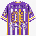 Back view of the customizable Chaotic Club jersey showcasing 'your name' text above a large buffalo plaid or checkerboard number 01 with 'School name' font.