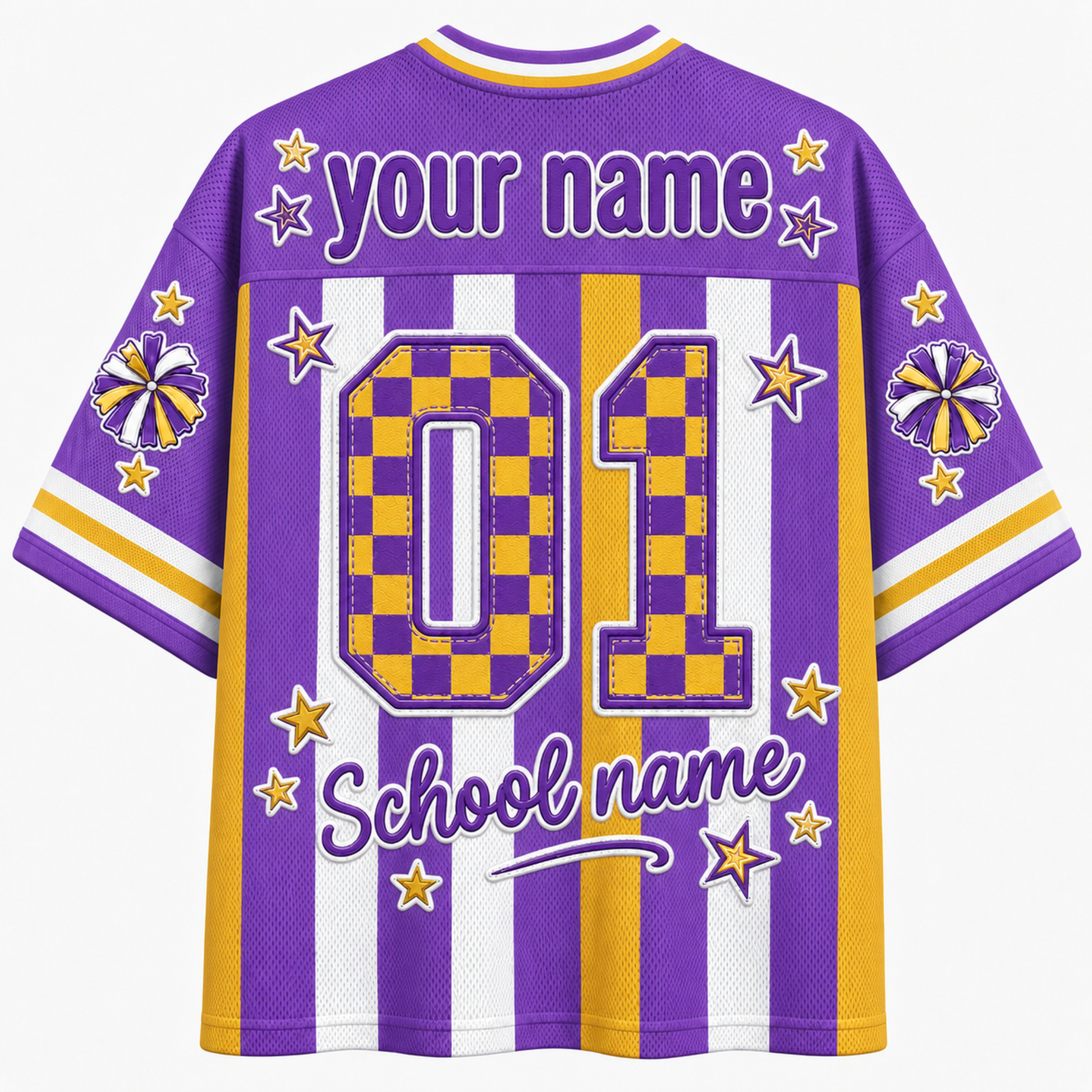 Back view of the customizable Chaotic Club jersey showcasing 'your name' text above a large buffalo plaid or checkerboard number 01 with 'School name' font.