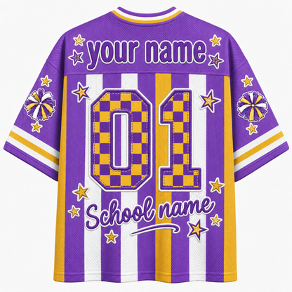 Back view of the customizable Chaotic Club jersey showcasing 'your name' text above a large buffalo plaid or checkerboard number 01 with 'School name' font.