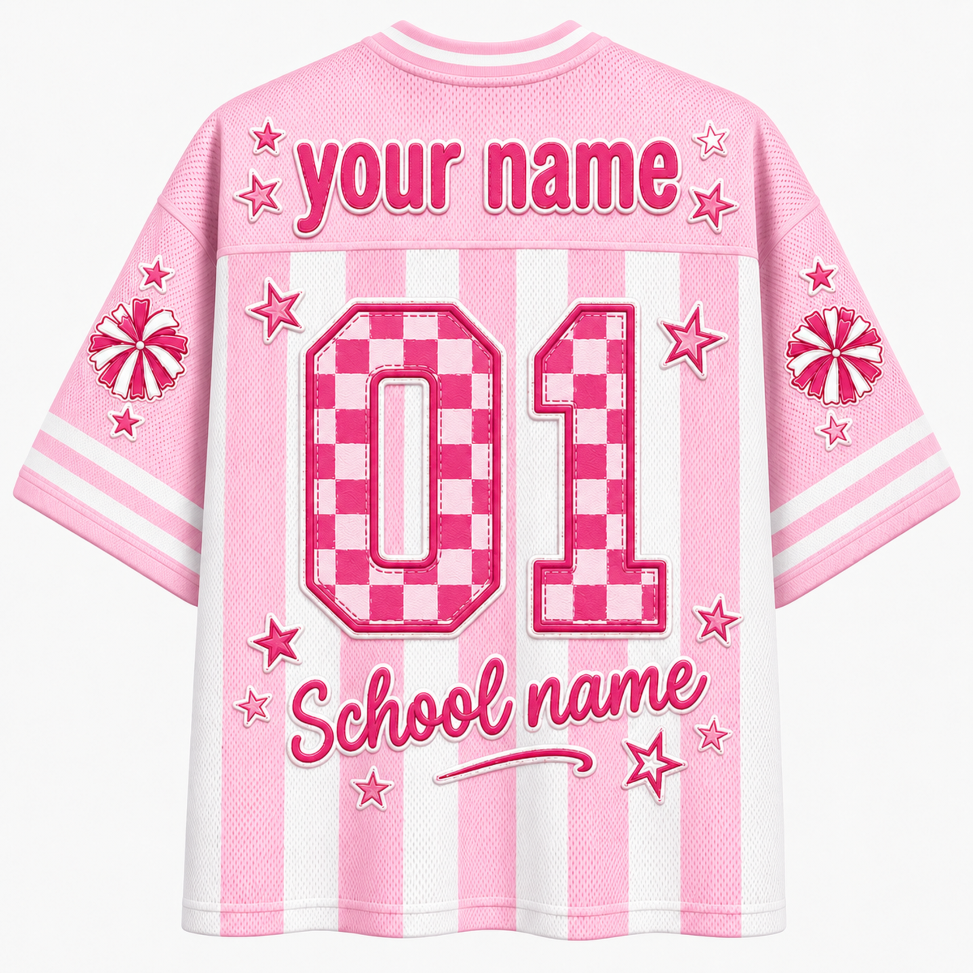 A pink and white striped short-sleeve t-shirt shown from the back, featuring customizable text that reads 'your name' and 'School name' along with a large pink checkerboard '01' and decorative stars.