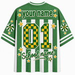 Green and white striped mesh jersey with customizable text 'your name' and 'School name' on the back, featuring large '01' in a green and yellow checkerboard pattern, yellow stars, and circular crest designs on the sleeves.