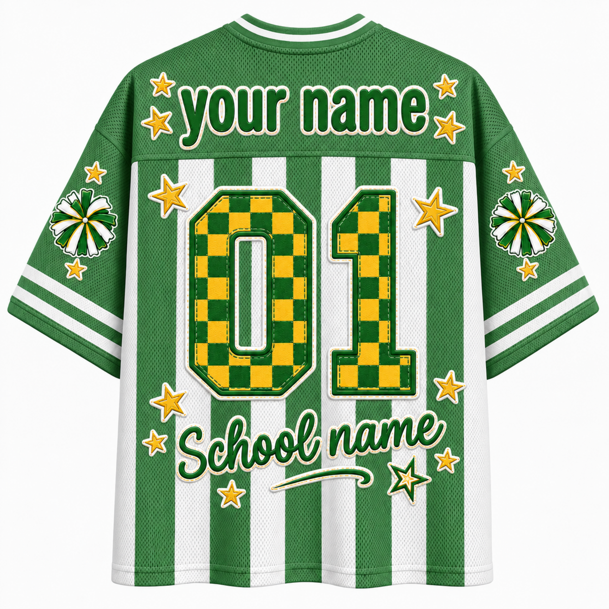 Green and white striped mesh jersey with customizable text 'your name' and 'School name' on the back, featuring large '01' in a green and yellow checkerboard pattern, yellow stars, and circular crest designs on the sleeves.