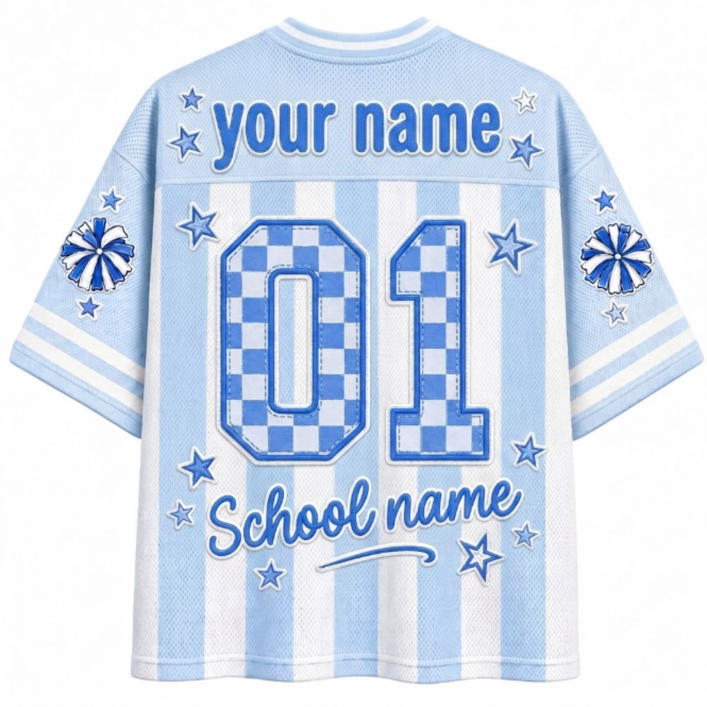 Back view of the customizable Chaotic Club jersey showcasing 'your name' text above a large buffalo plaid or checkerboard number 01 with 'School name' font.