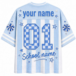 Back view of the customizable Chaotic Club jersey showcasing 'your name' text above a large buffalo plaid or checkerboard number 01 with 'School name' font.
