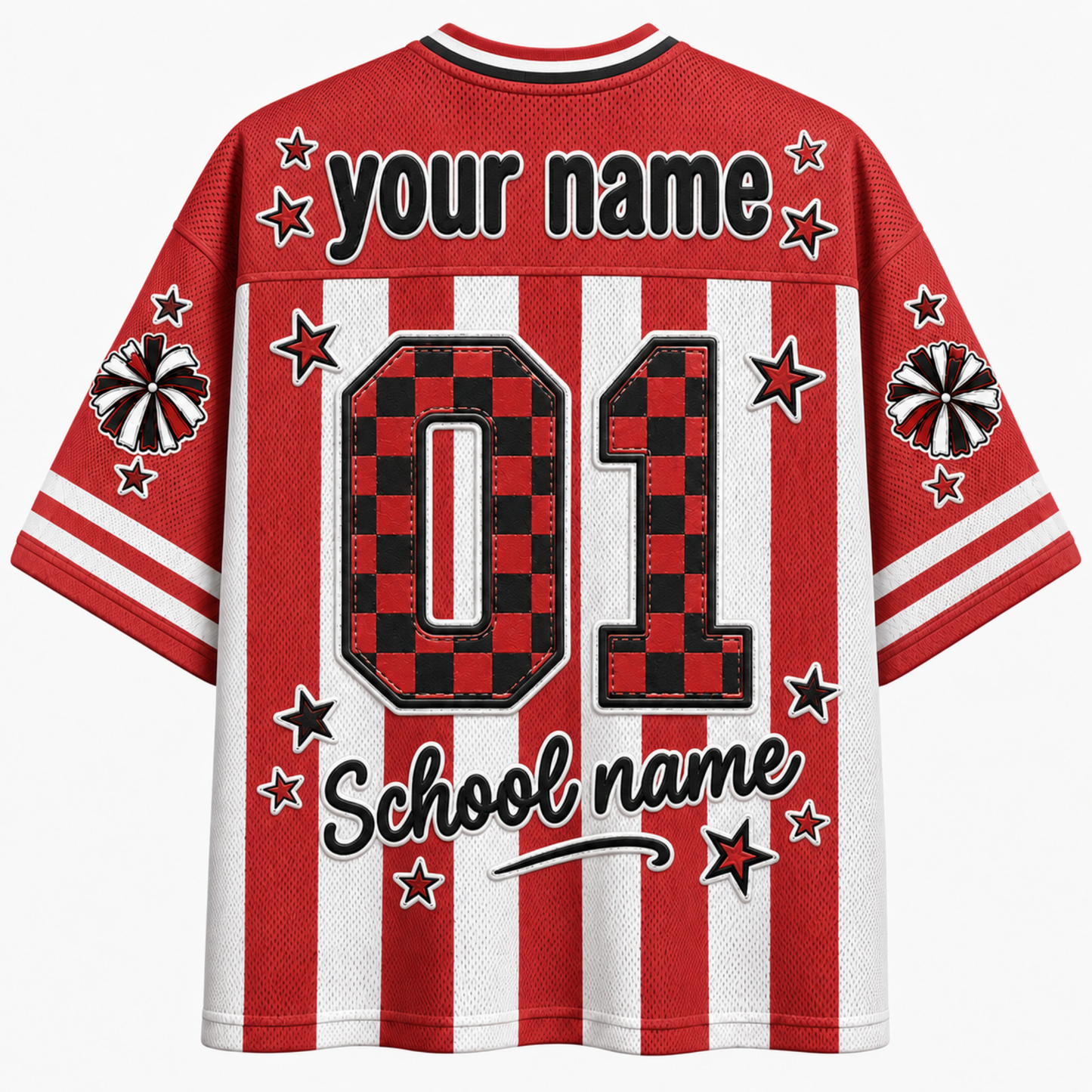 Red and white striped short-sleeve jersey shirt with customizable text 'your name' and 'School name' on the back, featuring a red and black checkerboard '01' and star details.