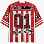 Red and white striped short-sleeve jersey shirt with customizable text 'your name' and 'School name' on the back, featuring a red and black checkerboard '01' and star details.