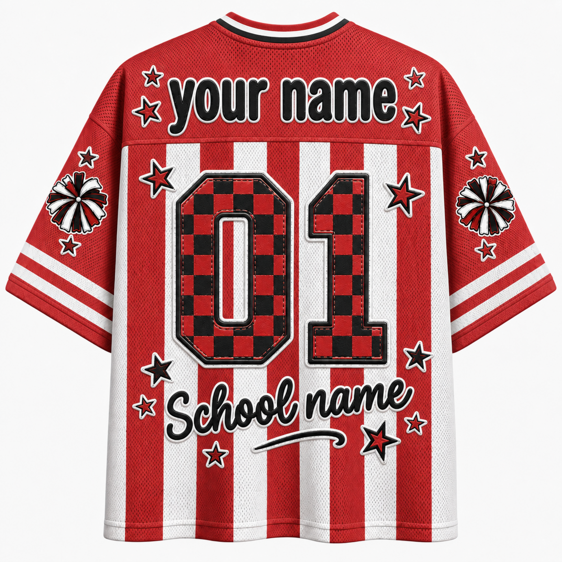 Red and white striped short-sleeve jersey shirt with customizable text 'your name' and 'School name' on the back, featuring a red and black checkerboard '01' and star details.