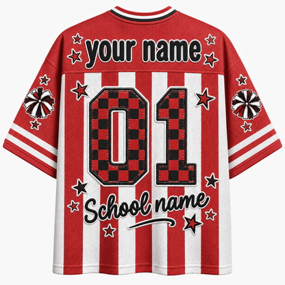 Red and white striped short-sleeve jersey shirt with customizable text 'your name' and 'School name' on the back, featuring a red and black checkerboard '01' and star details.